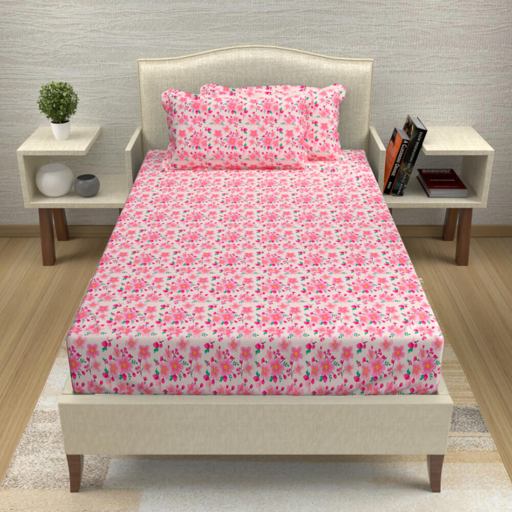 buy fuschia pink delicate floral cotton single bed bedsheets online – side view